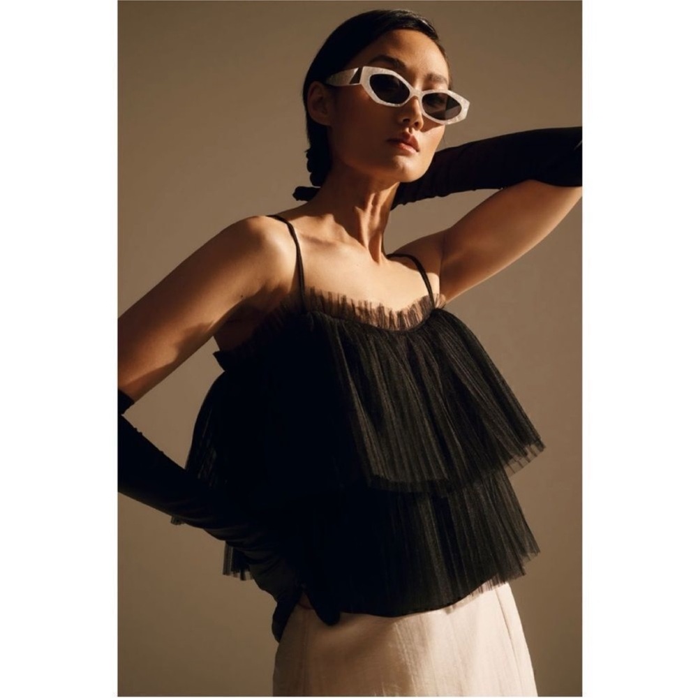 Anthropologie Black Layered Pleated Tulle Tank Top Small